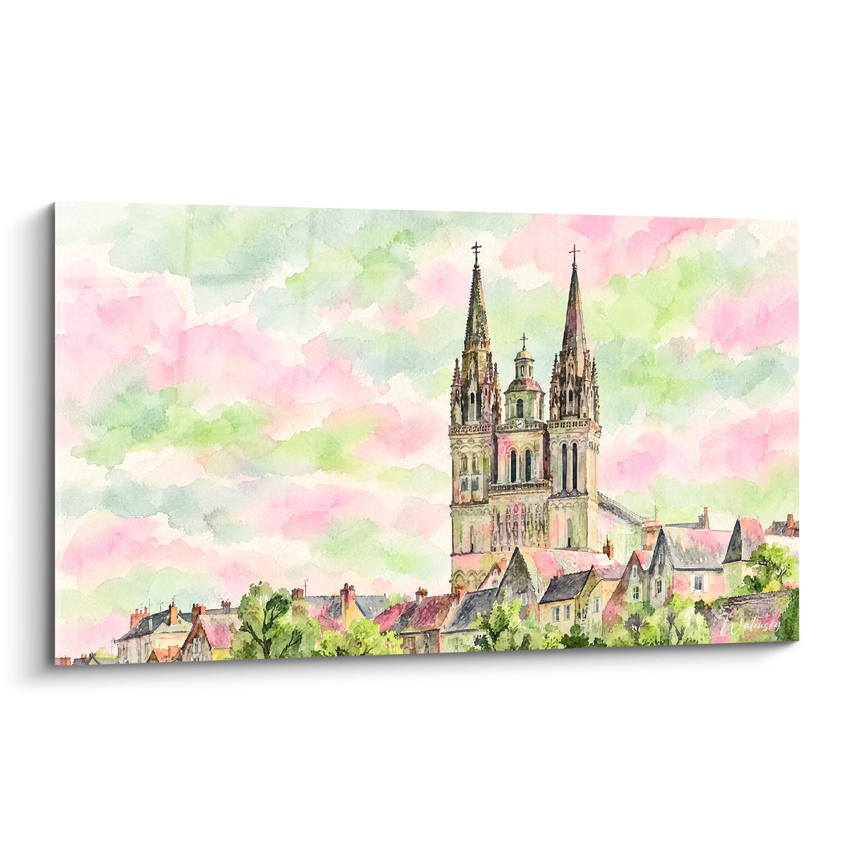 Schilderij gotische kathedraal met opstijgende spitsen tegen een roze en groene aquarelhemel, okerkleurige daken op de voorgrond