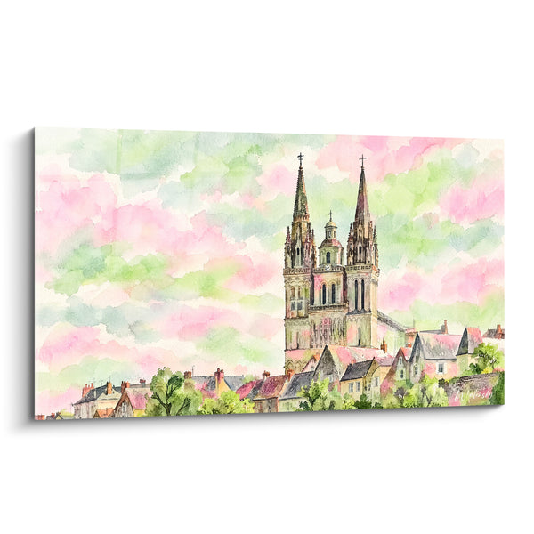Tableau Cathédrale aux flèches jumelles roses et vertes - Lever sur la cité - Edition Loire Centre-Val de Loire France