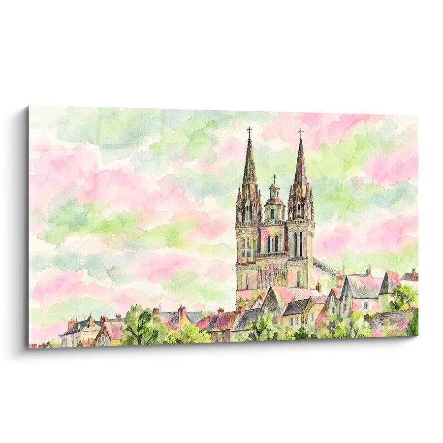 Tableau Cathédrale aux flèches jumelles roses et vertes - Lever sur la cité - Edition Loire Centre-Val de Loire France