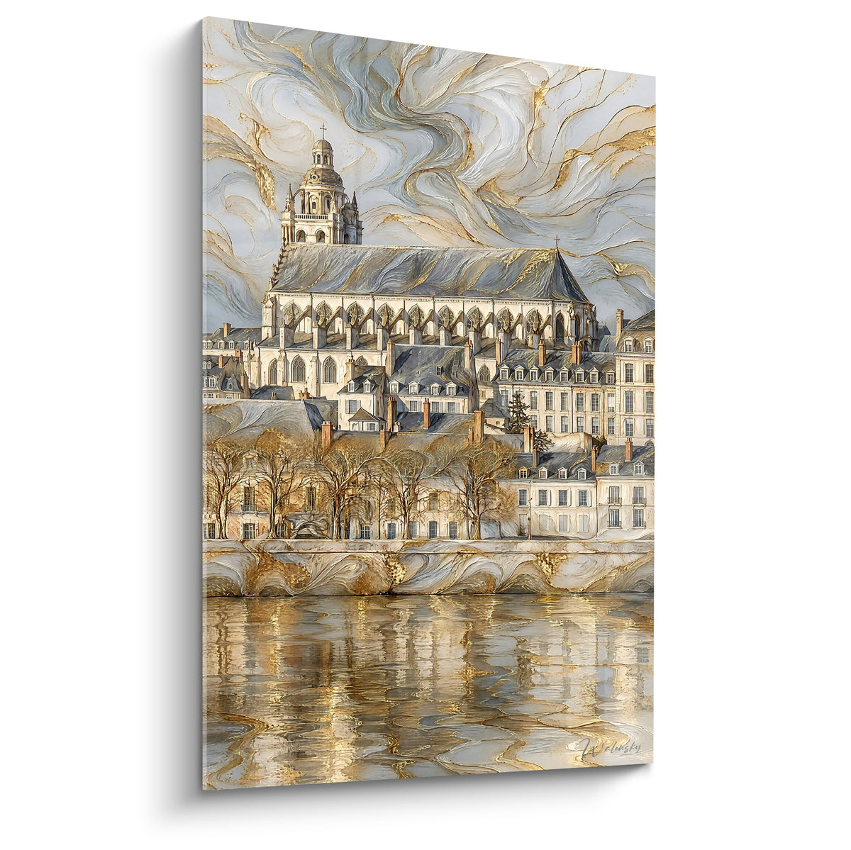 Quadro cattedrale gotica dorata e grigia che domina un'antica città sulla riva di un fiume che riflette la luce