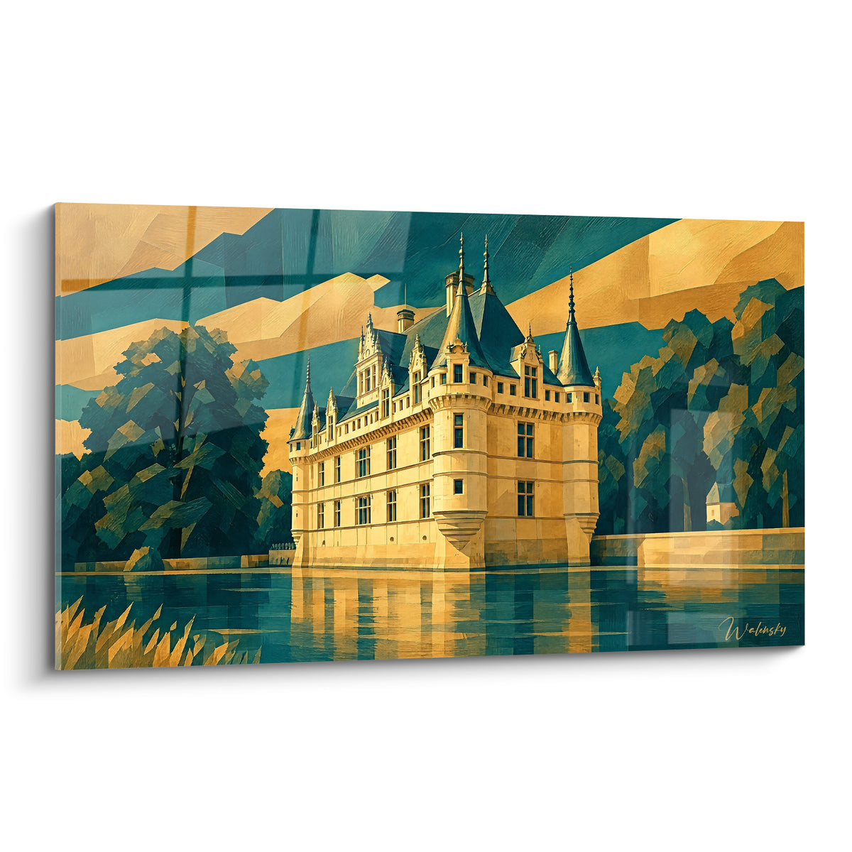 Wall art Loire Valley château, Centre-Val de Loire, France, golden with slate-blue turrets, reflected on a turquoise river