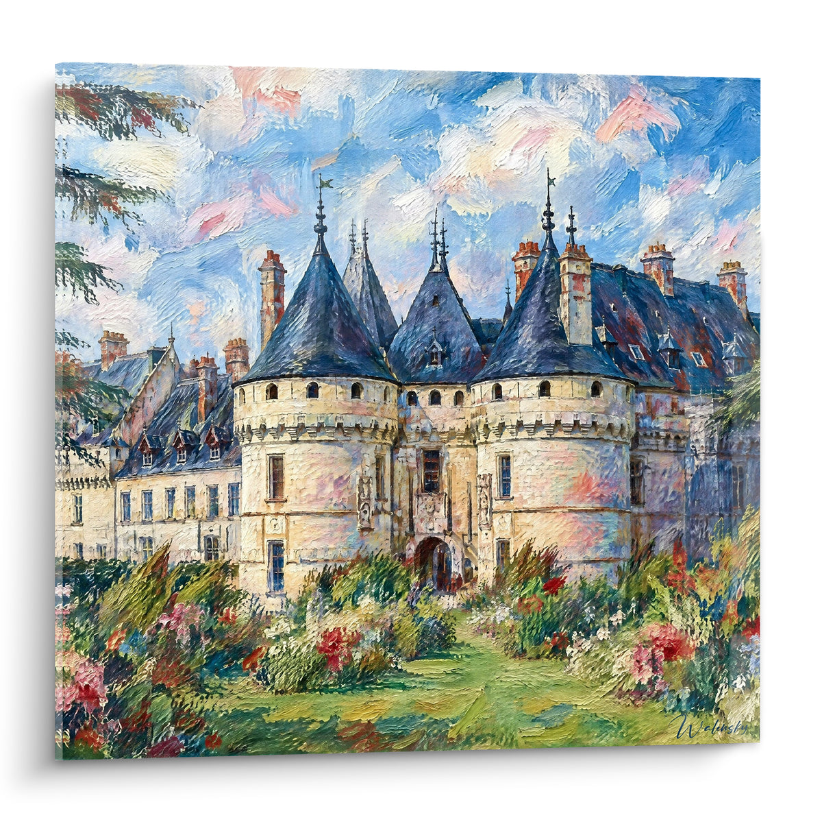 Schilderij van een kasteel aan de Loire, regio Centre-Val de Loire, Frankrijk, met leien torens en okergele gevel, rood-groene bloementuin op de voorgrond