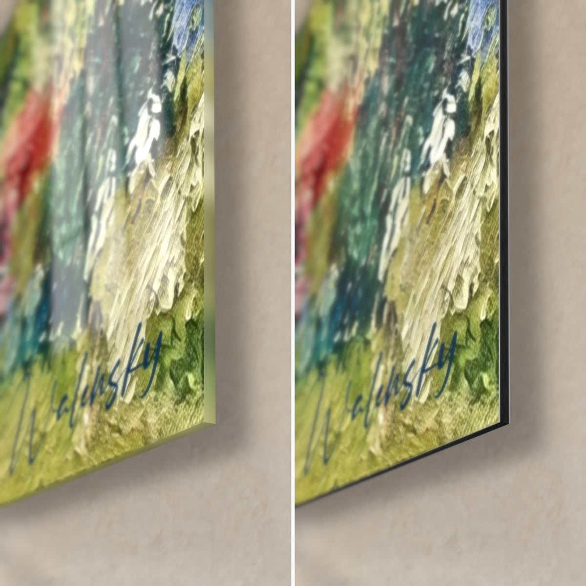Schilderij van een Loire-kasteel, rechtsonder: penseelstreken in weidegroen en roze, glanzend glas links, mat zwart Dibond rechts