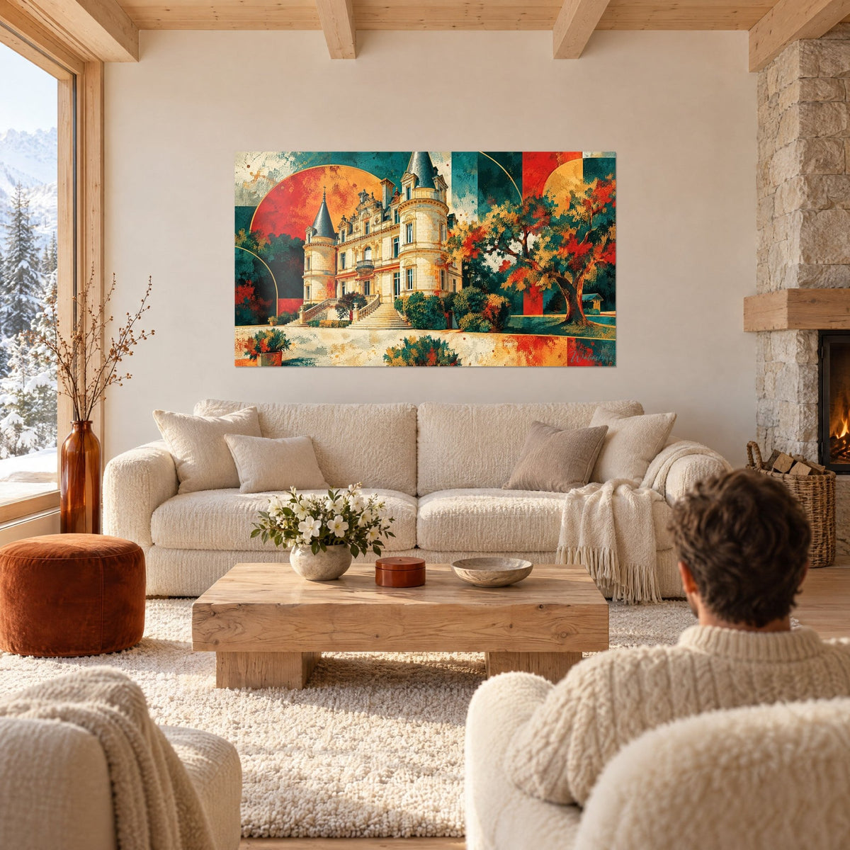 Schilderij Renaissancekasteel met twee torentjes met leisteen dak, oranje hemel en roestkleurige eik, een man van achteren, boven een bank in een lichte woonkamer