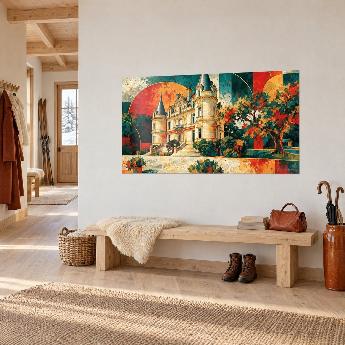 Schilderij Loire-landhuis van witte steen, blauwgrijze daken en grote rode zon, opgehangen aan een lichte muur naast een houten bank
