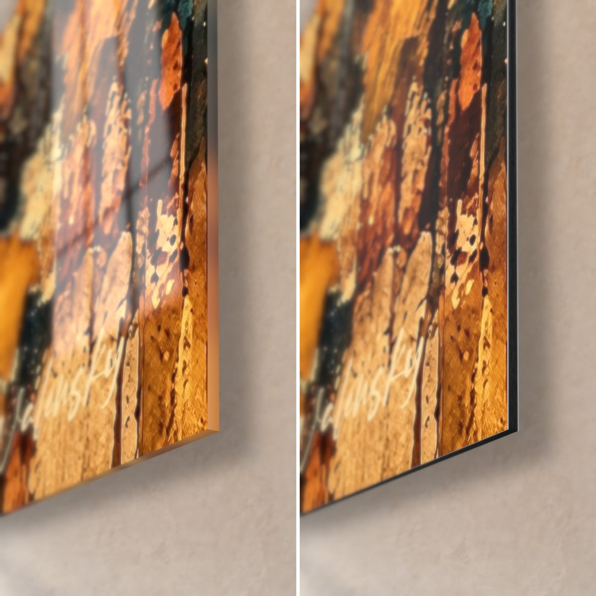 Schilderij wijnbladeren in oker en roestbruin, rechtsonder hoek, glanzend acrylglas links, mat Dibond rechts, 3 mm rand