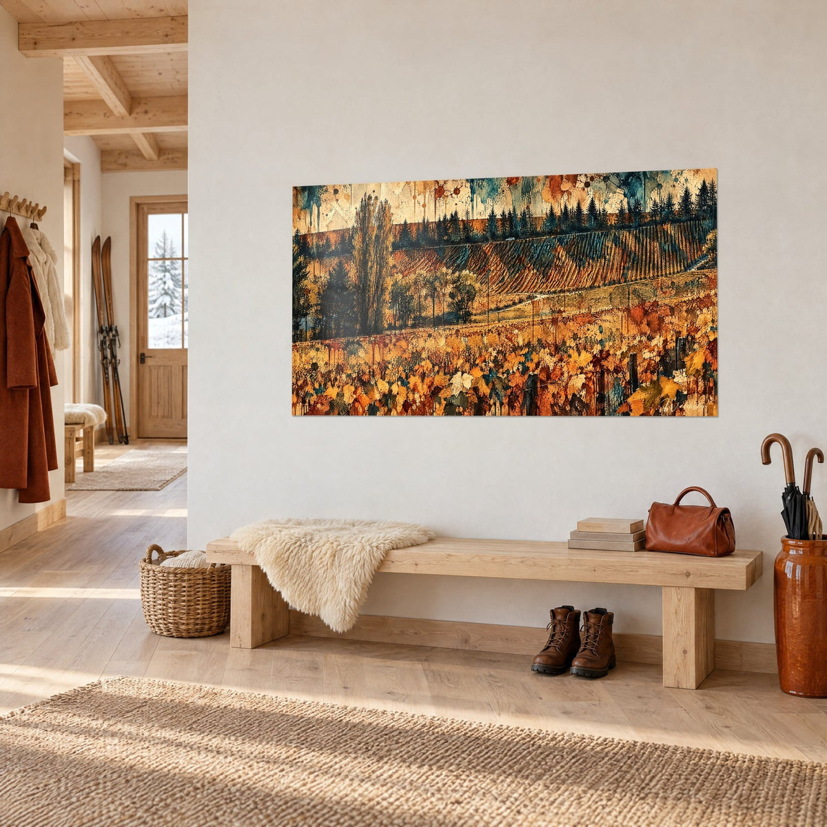 Schilderij gouden wijnoogst in aquarel, koperkleurige wijnstokken en petrolblauwe sparren, driekwart aanzicht in een houten hal