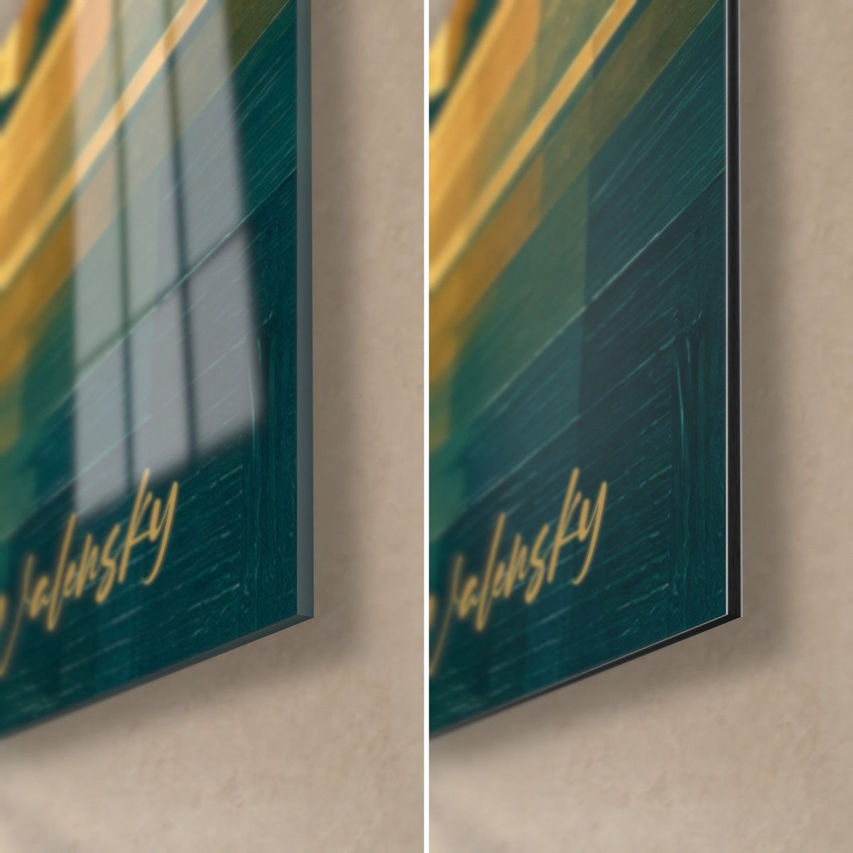 Wall art Loire manor in faceted ochre and duck-blue tones, Walensky signature, bottom-right corner in glossy glass and matte Dibond