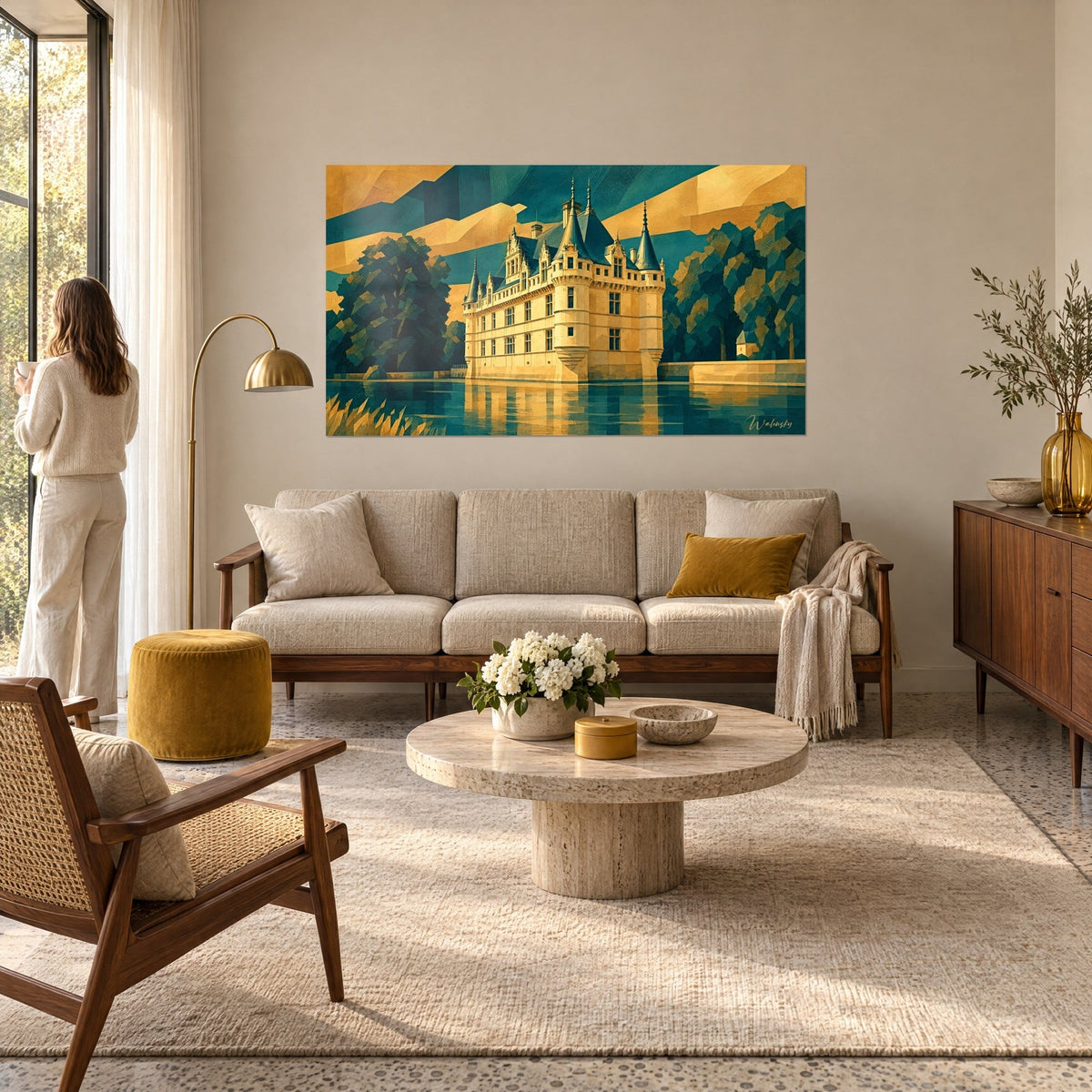Wall art Renaissance château with slate-blue turrets, ochre-gold facade reflected on turquoise water, above a sofa in a bright living room