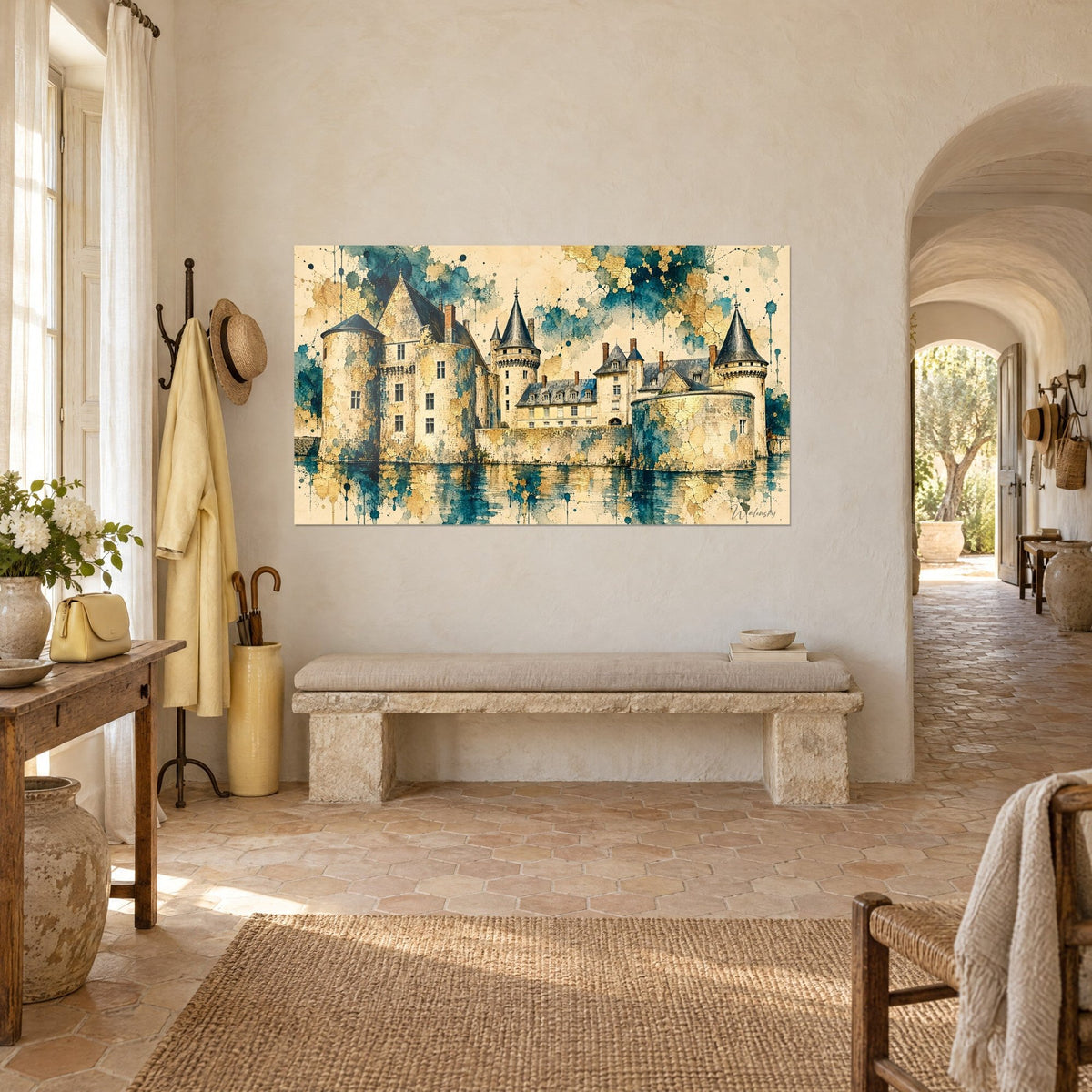 Schilderij middeleeuwse vesting weerspiegeld in het water, beige steen met eendenblauw en goud, driekwart zicht in een Provençaalse boerderij