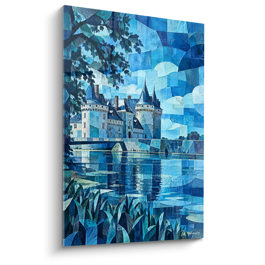 Tableau Château bleu et turquoise au bord de l'eau - Rêverie nocturne - Edition Loire Centre-Val de Loire France