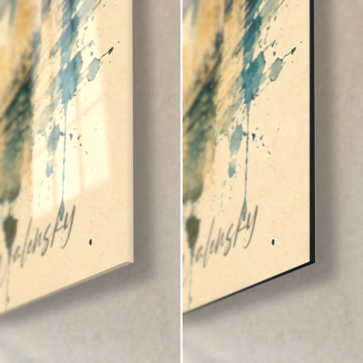 Schilderij kasteel aan de slotgracht, rechtsonder: glanzend glas links, mat Dibond-aluminium rechts, petroleumblauwe en okerkleurige spatten, rand van 3 mm