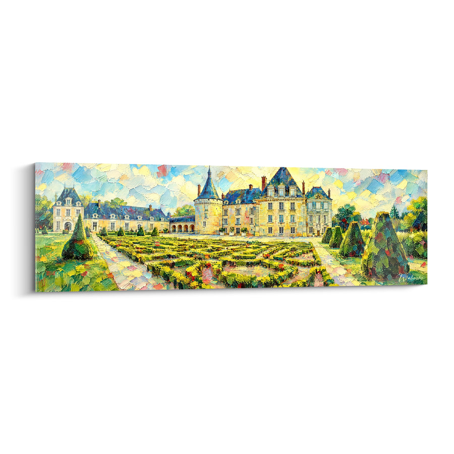 Tableau Château jaune et vert aux jardins géométriques - Flânerie estivale - Edition Loire Centre-Val de Loire France