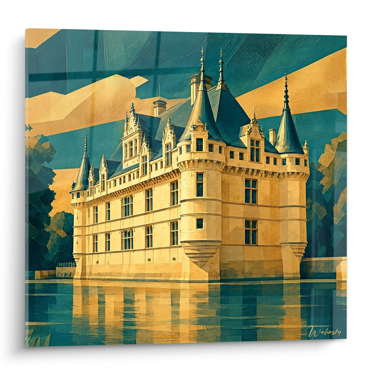 Château doré aux toits bleu pétrole reflété dans l'eau, tourelles pointues et ciel géométrique stylisé