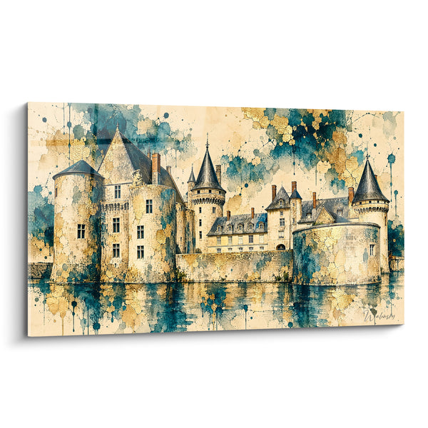 Tableau Château ocre et bleu sur les douves - Gardien des douves - Edition Loire Centre-Val de Loire France