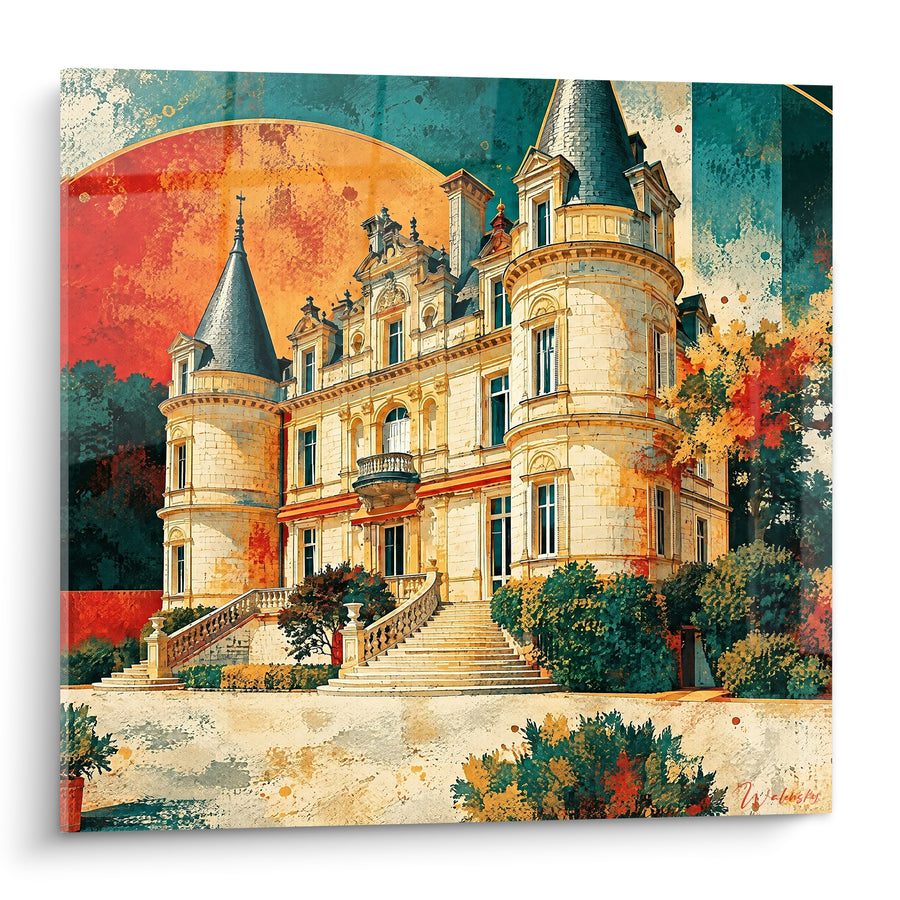 Tableau Château aux tourelles ocre et sarcelle - Mémoire d'un domaine - Edition Loire Centre-Val de Loire France