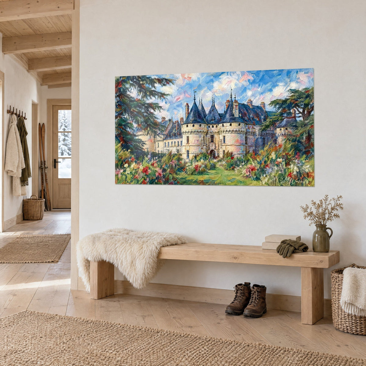 Wall art Loire manor house in thick brushstrokes, midnight-blue roofs and rosy cloudy sky, hung near a light wood bench