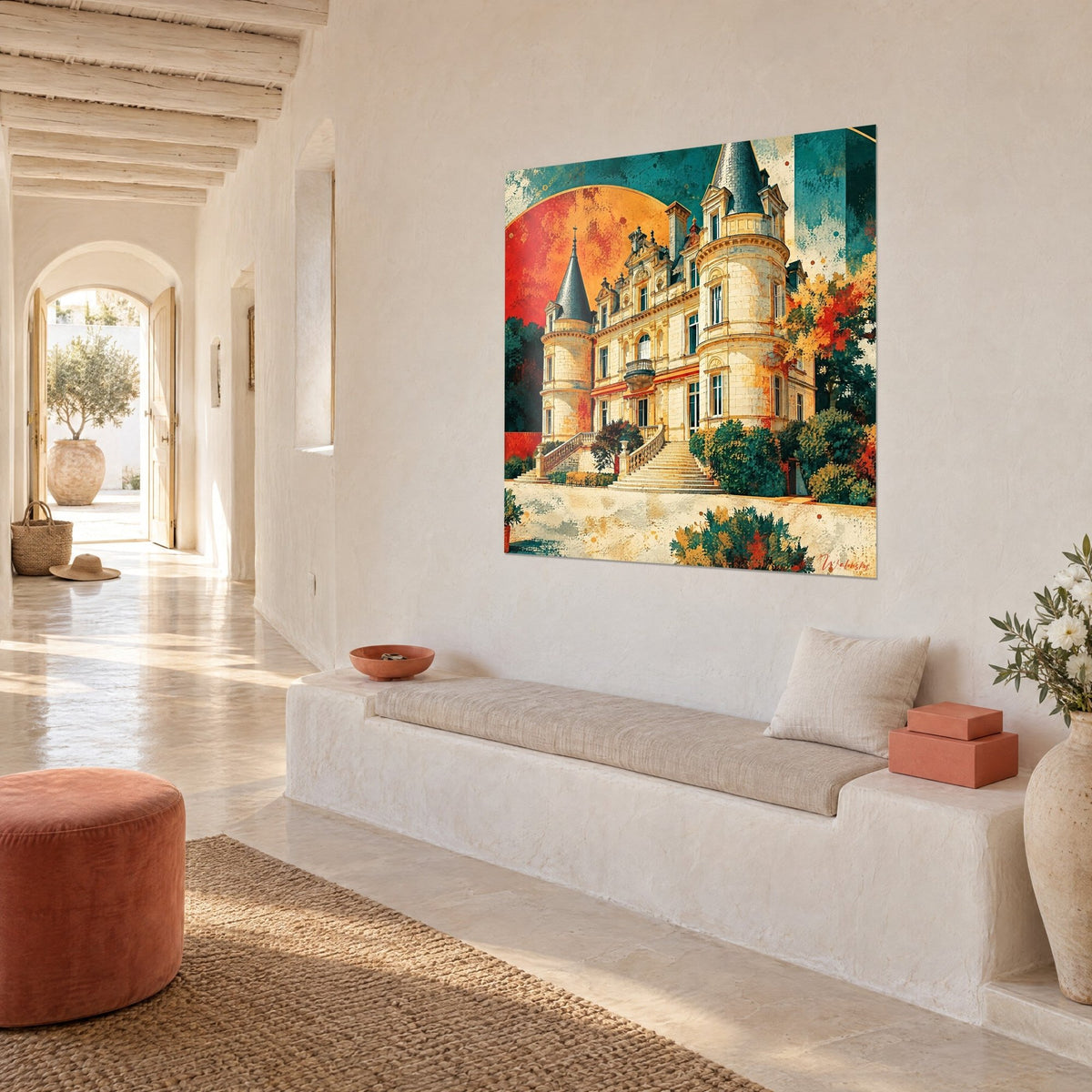 Quadro dimora di tufo con due torrette in ardesia, scalinata bianca, disco arancione sullo sfondo, parete imbiancata di una casa mediterranea