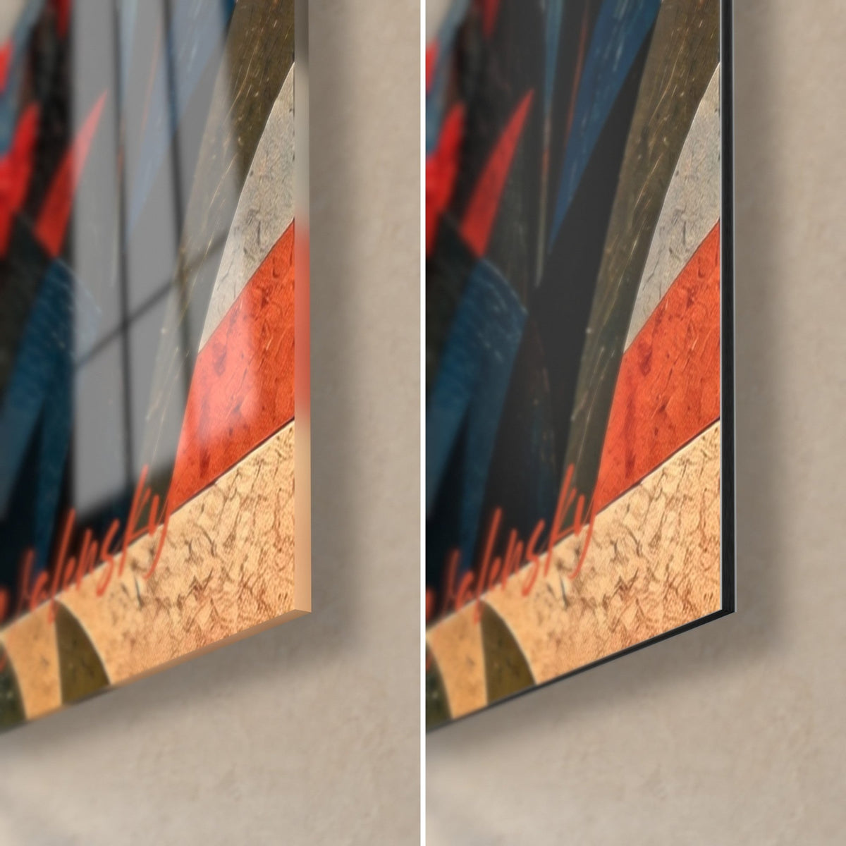 Gemälde Festung in korallroten und nachtblauen Facetten, Signatur unten rechts, glänzendes Glas links und mattes Dibond rechts