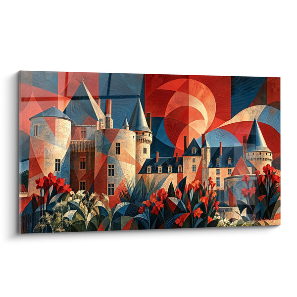 Tableau Château aux tourelles bleues et rouges fleuries - Veille du crépuscule - Edition Loire Centre-Val de Loire France