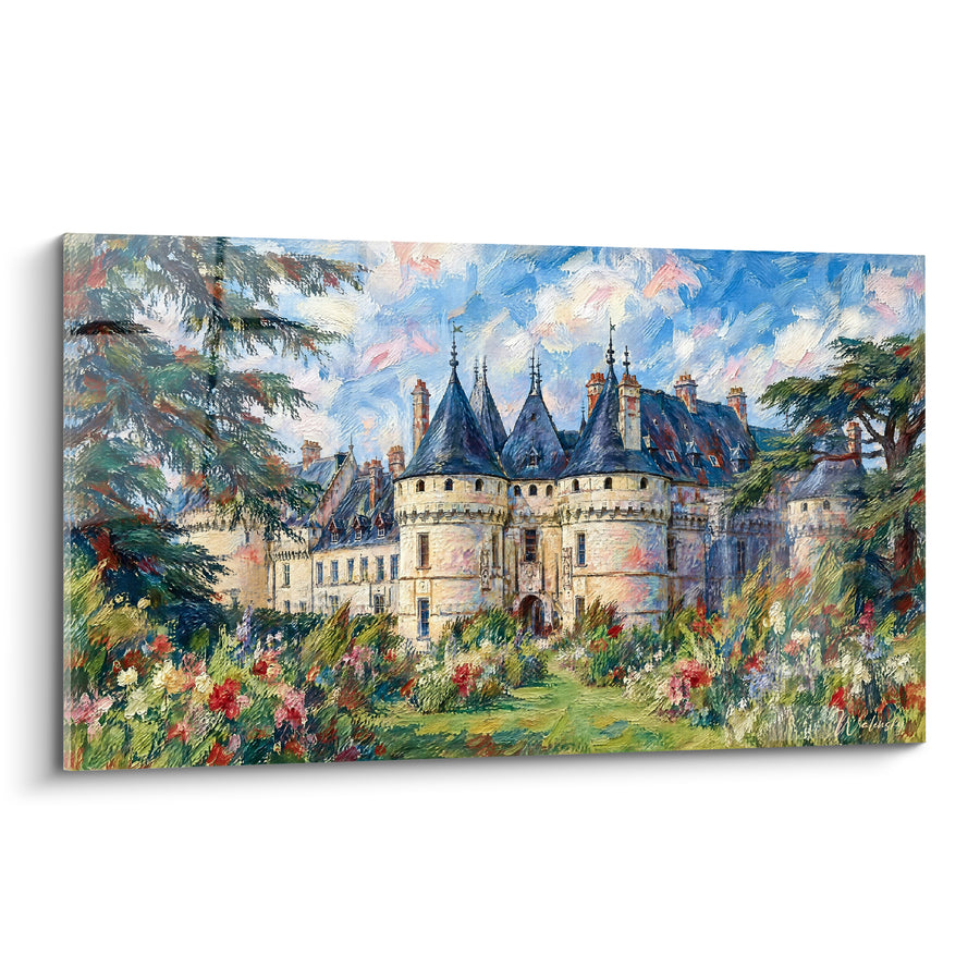 Tableau Château ardoise et crème aux parterres fleuris - Allée de roses - Edition Loire Centre-Val de Loire France