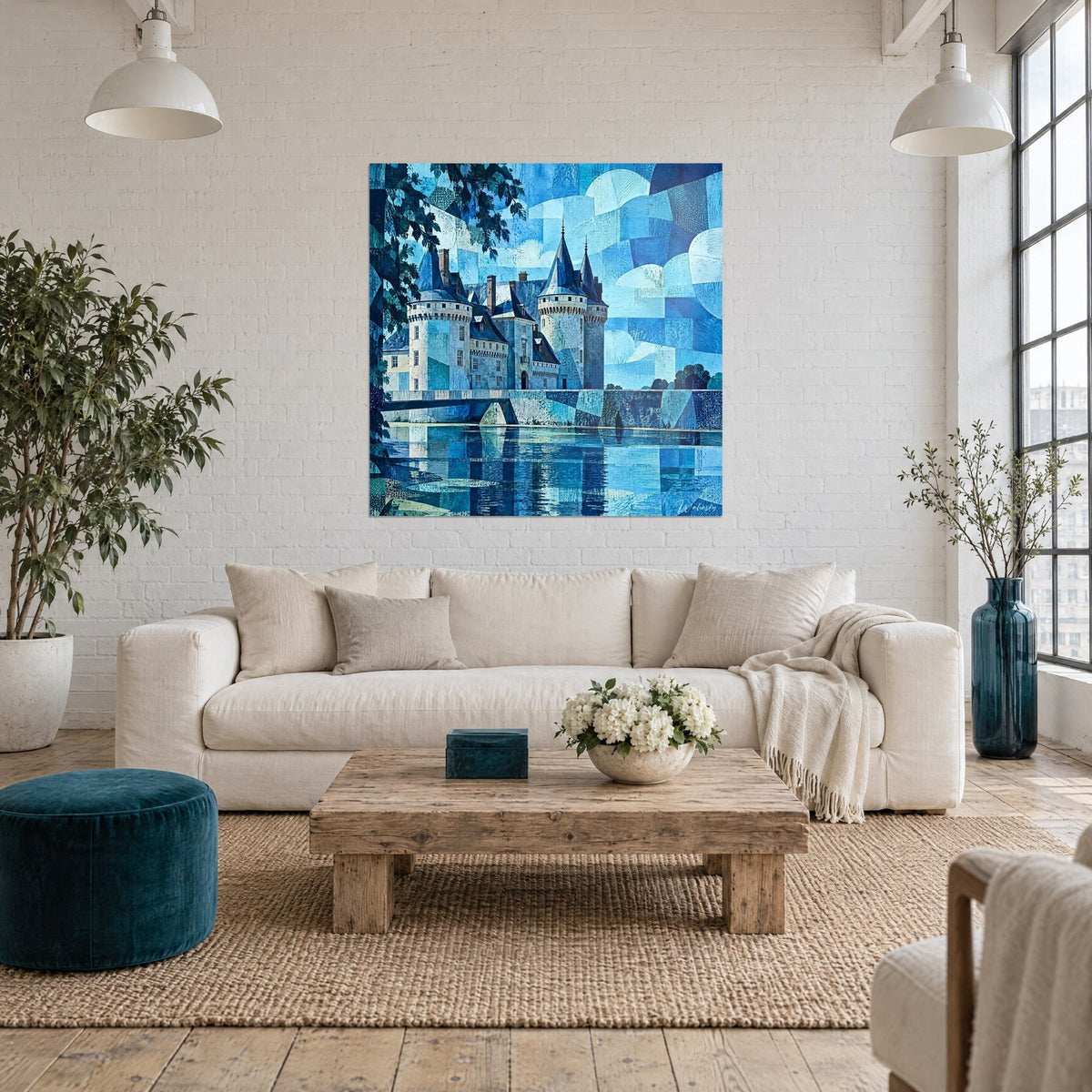 Cuadro castillo de torres puntiagudas en mosaico de azules y blancos, reflejos en el agua, sobre un sofá en un salón luminoso