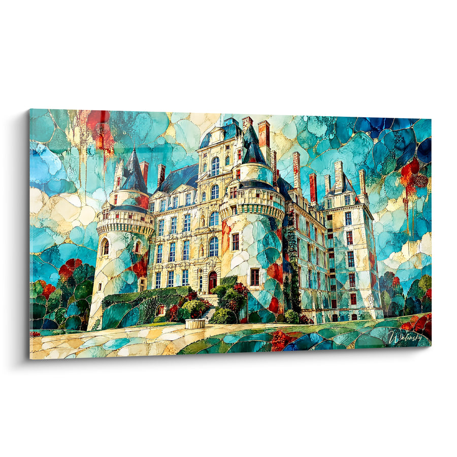 Tableau Château tourelles bleu turquoise et doré - Songe de pierre - Edition Loire Centre-Val de Loire France