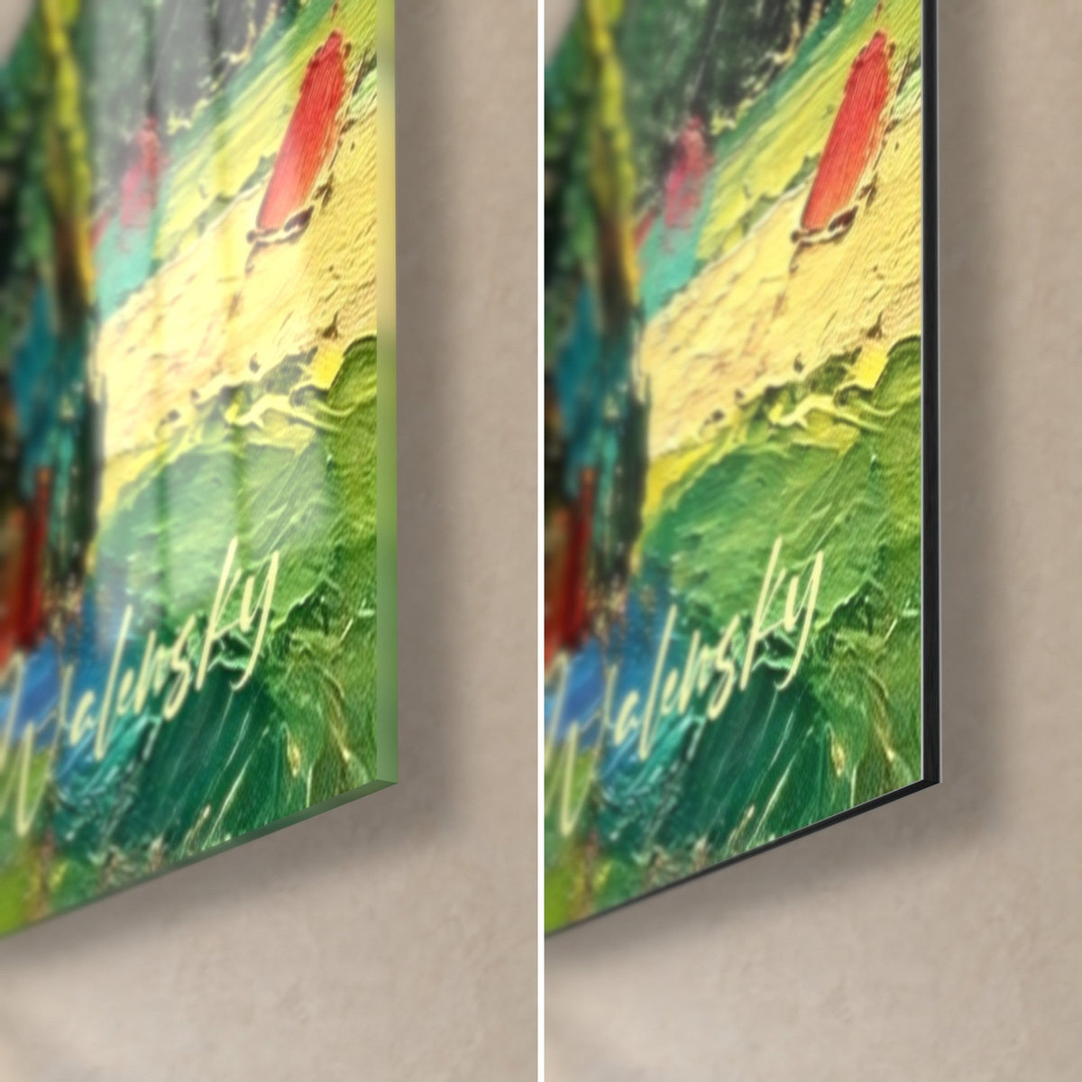 Gemälde impressionistisches Schloss, unten rechts: grüne und gelbe Pastositäten, roter Fleck, weiße Signatur, glänzendes Glas und mattes Dibond