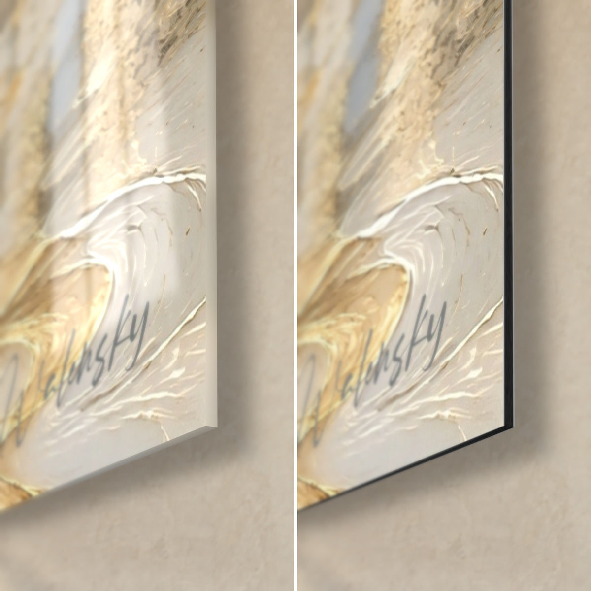 Quadro cattedrale in grigio-blu e oro, angolo in basso a destra: vetro acrilico lucido a sinistra, alluminio Dibond opaco a destra, bordo da 3 mm