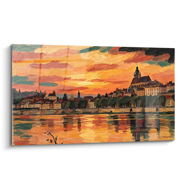 Tableau Cité ligérienne orange et verte au couchant - Flamme du crépuscule - Edition Loire Centre-Val de Loire France