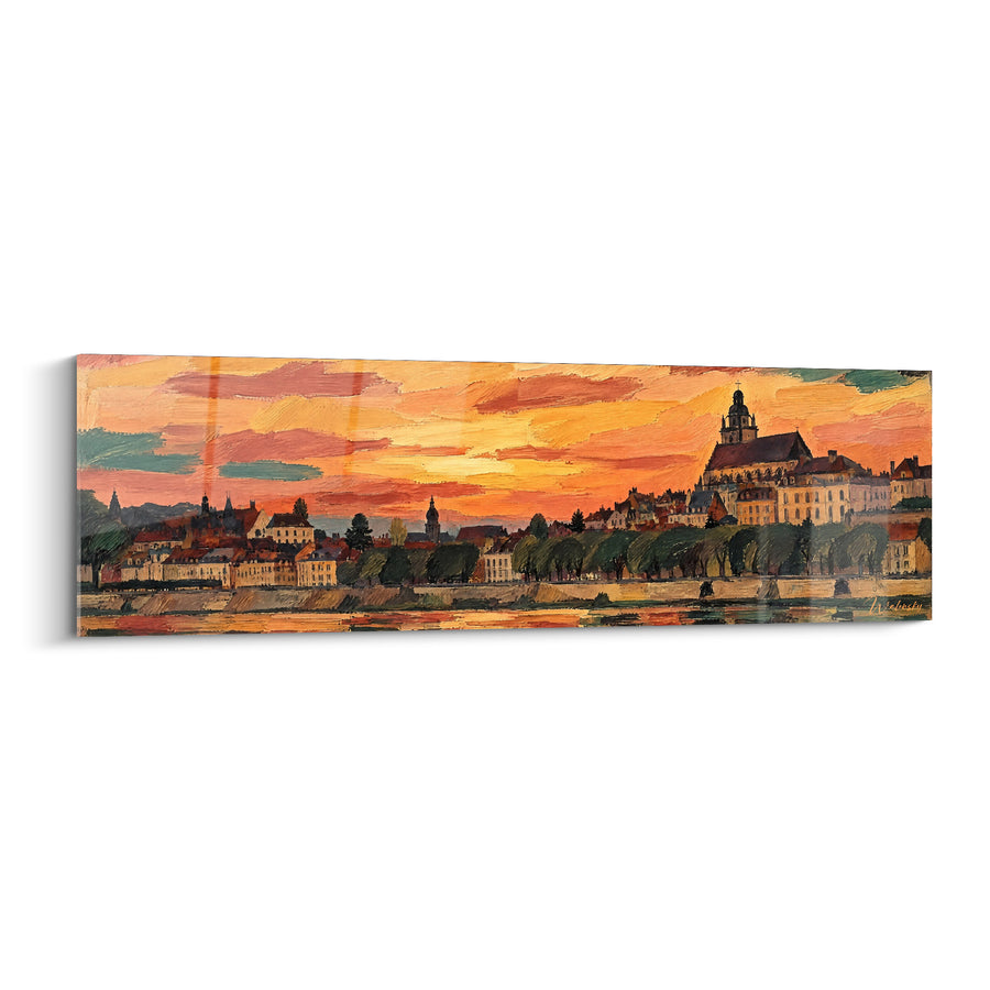 Tableau Ville fluviale orange et verte au crépuscule - Soir sur le fleuve - Edition Loire Centre-Val de Loire France