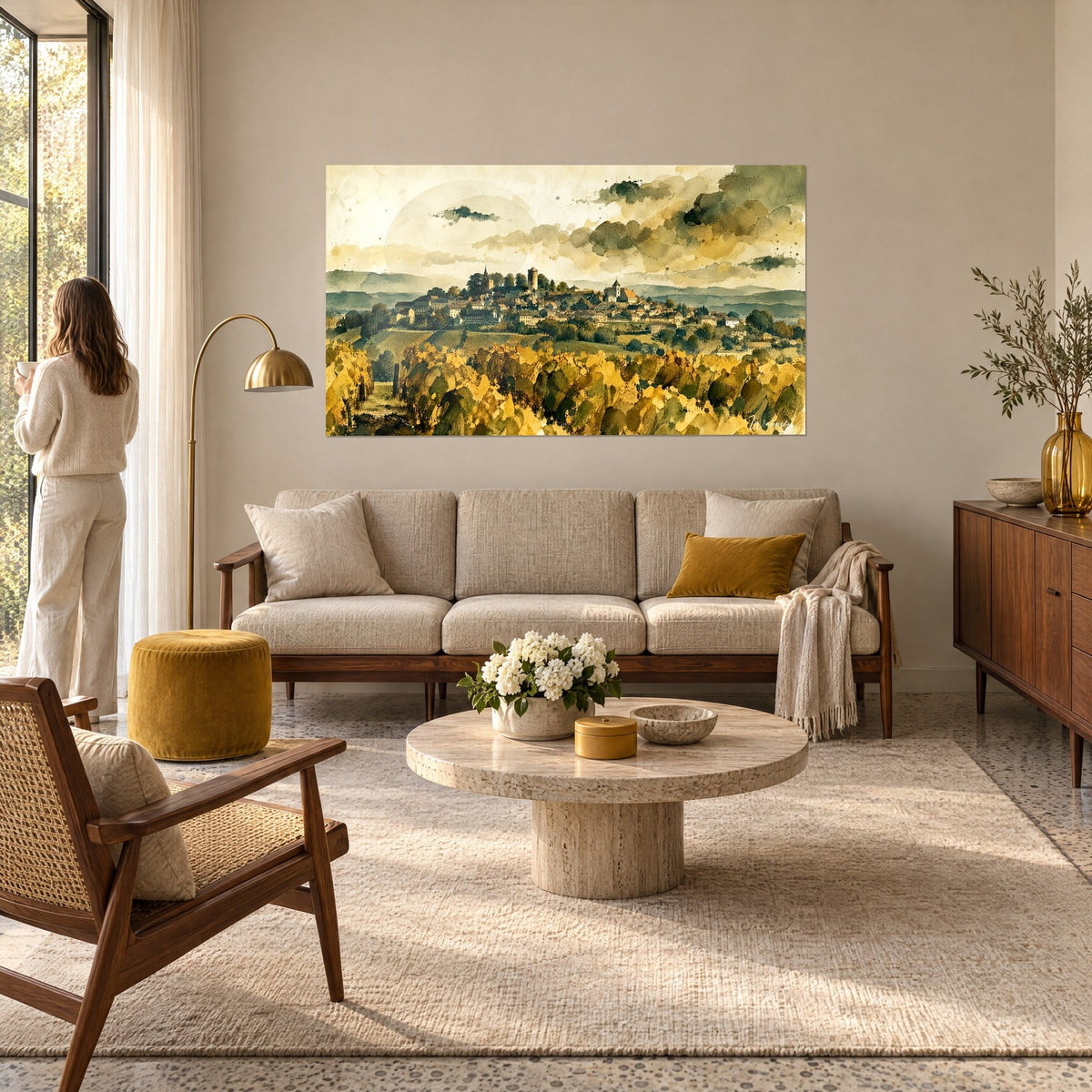 Gemälde Bergdorf in Aquarell mit Ocker und Olivgrün, goldgrauer Wolkenhimmel, Weinreihen im Vordergrund, über einem Sofa in einem hellen Wohnzimmer
