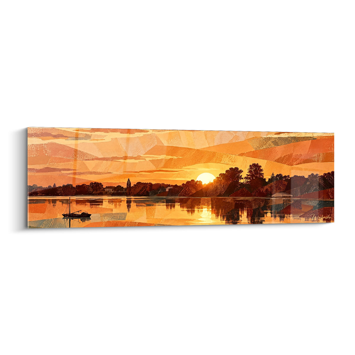 Wall art river at orange and golden sunset, black barge gliding over shimmering water