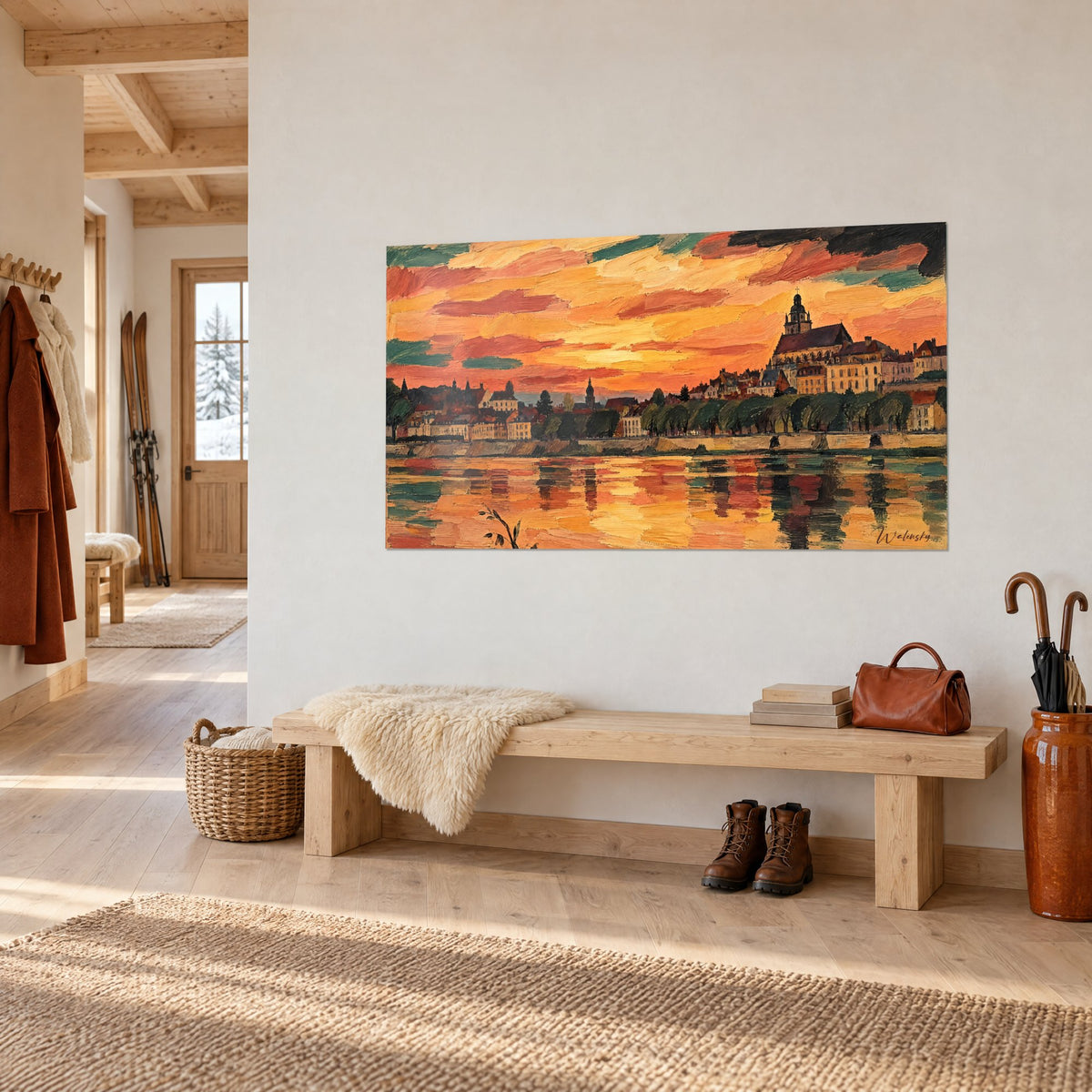Quadro città sulla riva della Loira, nuvole arancio e turchese a pennellate spesse, edifici ocra, in uno chalet di legno