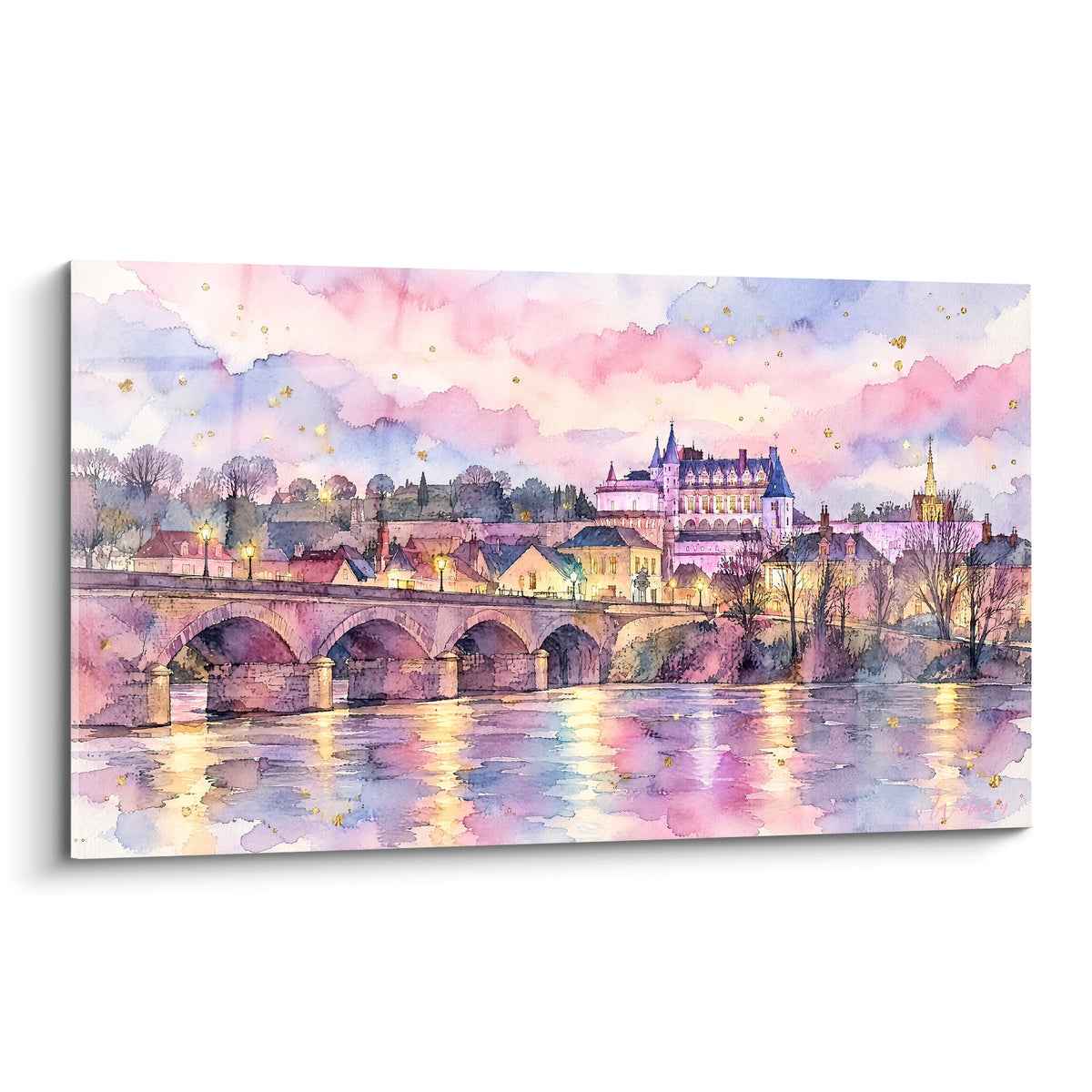 Pont de pierre et château rose doré sur fleuve calme au crépuscule, style aquarelle raffinée