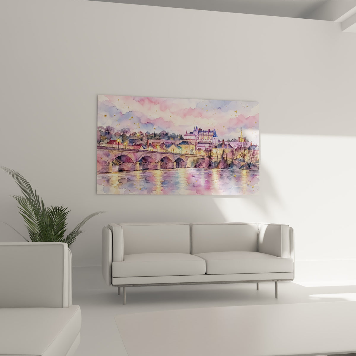 Reflets dorés et roses d'un pont de Loire sur l'eau, disposé au-dessus d'un canapé dans un salon lumineux