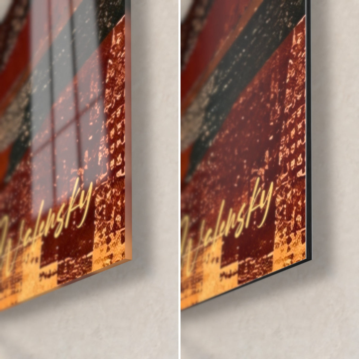 Wall art dusk on the Loire, bottom right corner in burgundy and gold, Walensky signature, glossy glass and matte Dibond side by side