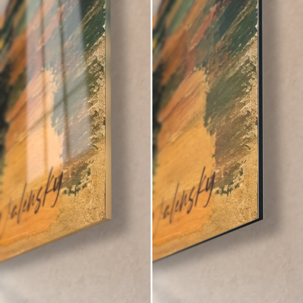 Quadro tramonto sulla Loira, angolo in basso a destra: vetro lucido con riflessi, Dibond nero opaco, firma Walensky dorata