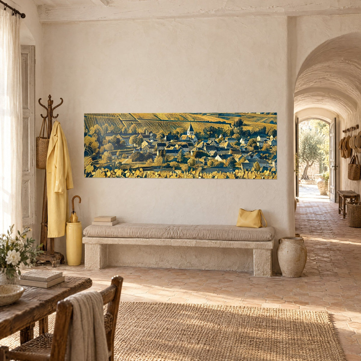 Wall art hamlet of pale stone nestled between ochre and deep blue vineyard rows, hung on a stone bench in a Provençal farmhouse