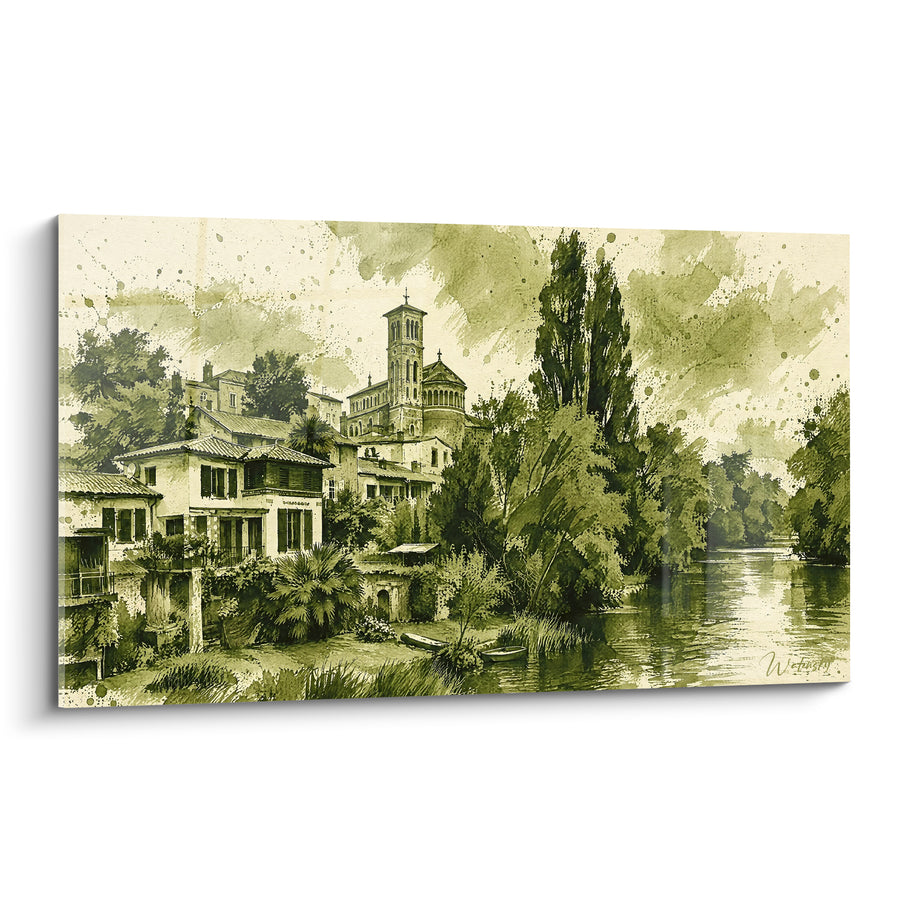 Tableau Village fluvial vert et ocre au clocher - Rêverie du bord de l'eau - Edition Loire Centre-Val de Loire France