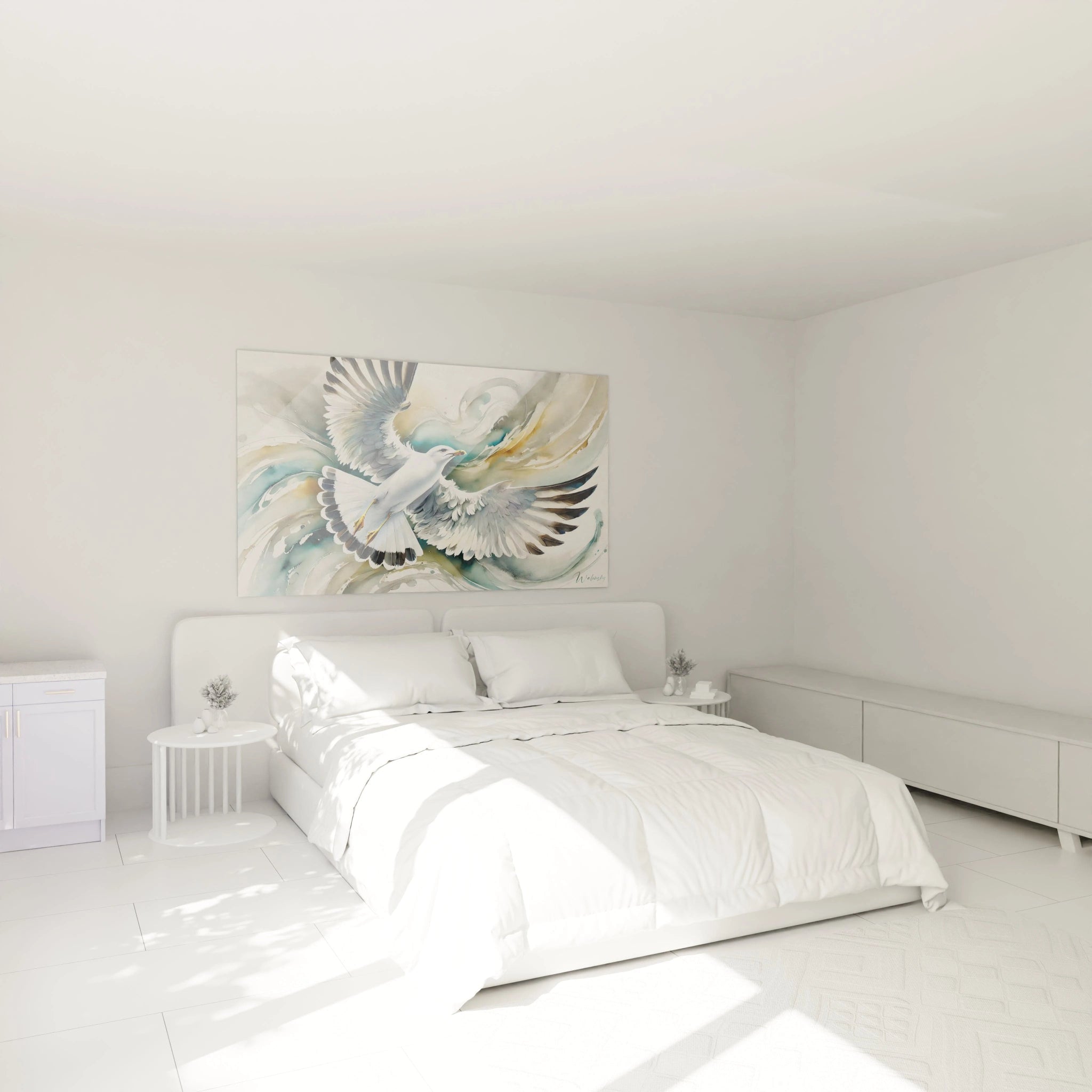 Dans une chambre, ce tableau mouette au dessus du lit apporte une ambiance sereine. L oiseau en vol incarne une liberte absolue, melant realisme et abstraction pour un effet apaisant.

