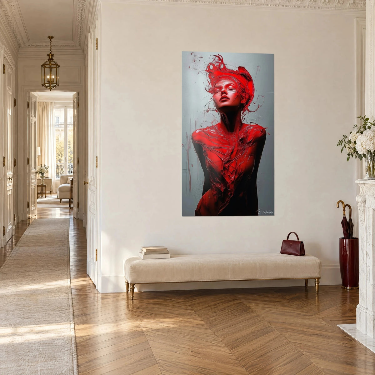 Wall art woman in scarlet painting, black drips and hair gathered in a sheaf, three-quarter view in a Haussmann-style corridor