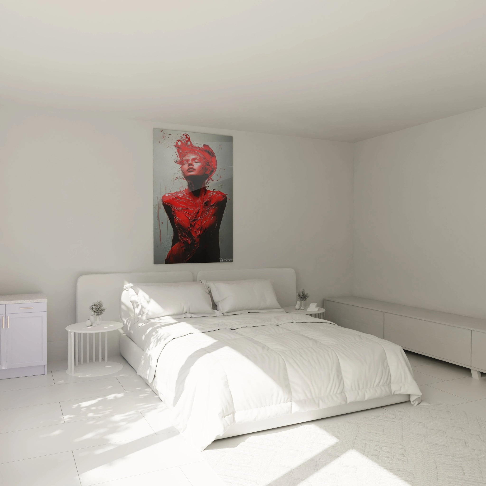 "Un tableau sensuelle abstrait mettant en scène un visage féminin, avec des éclats rouges et noirs, des lignes organiques et une finition texturée."

