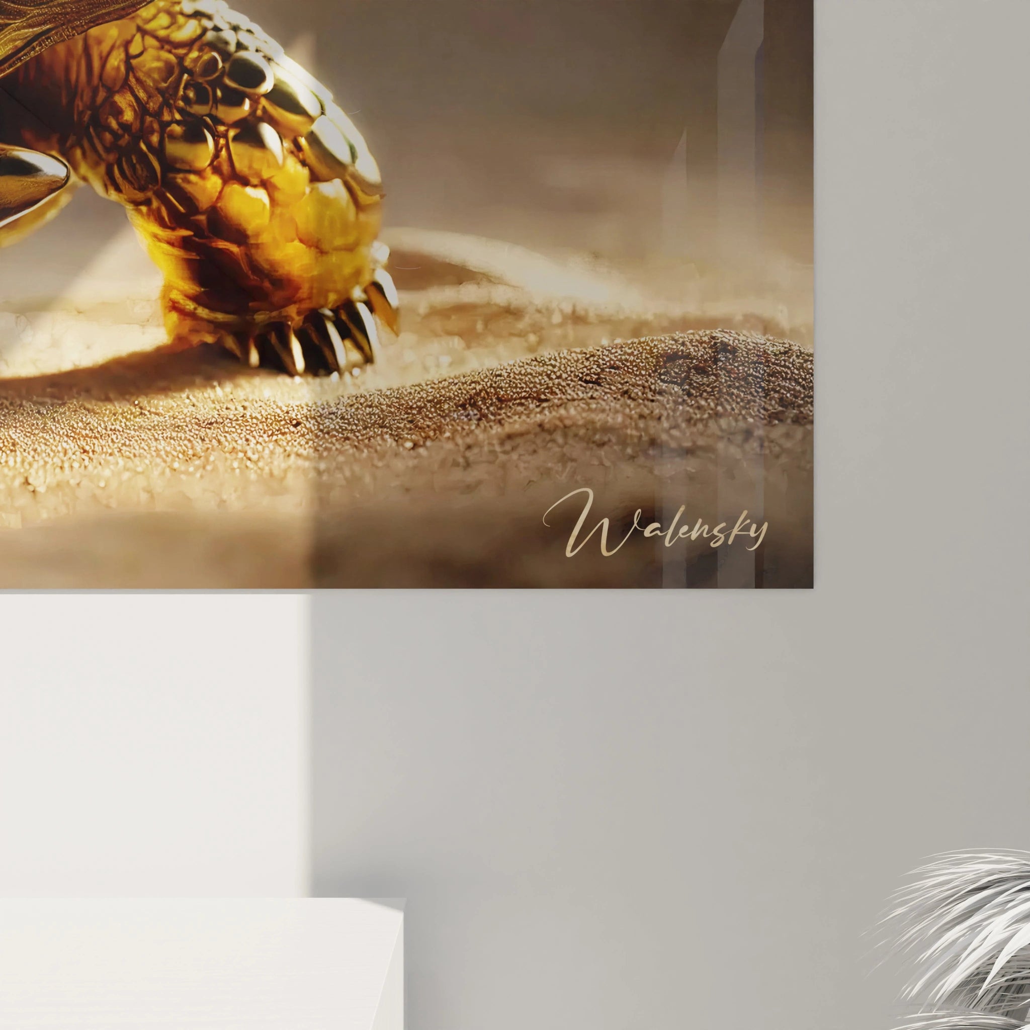Vue rapprochee du tableau tortue terrestre. La carapace metallique, avec ses reflets naturels, ajoute un effet saisissant de profondeur. Ideal pour ceux qui cherchent une œuvre moderne et luxueuse.






