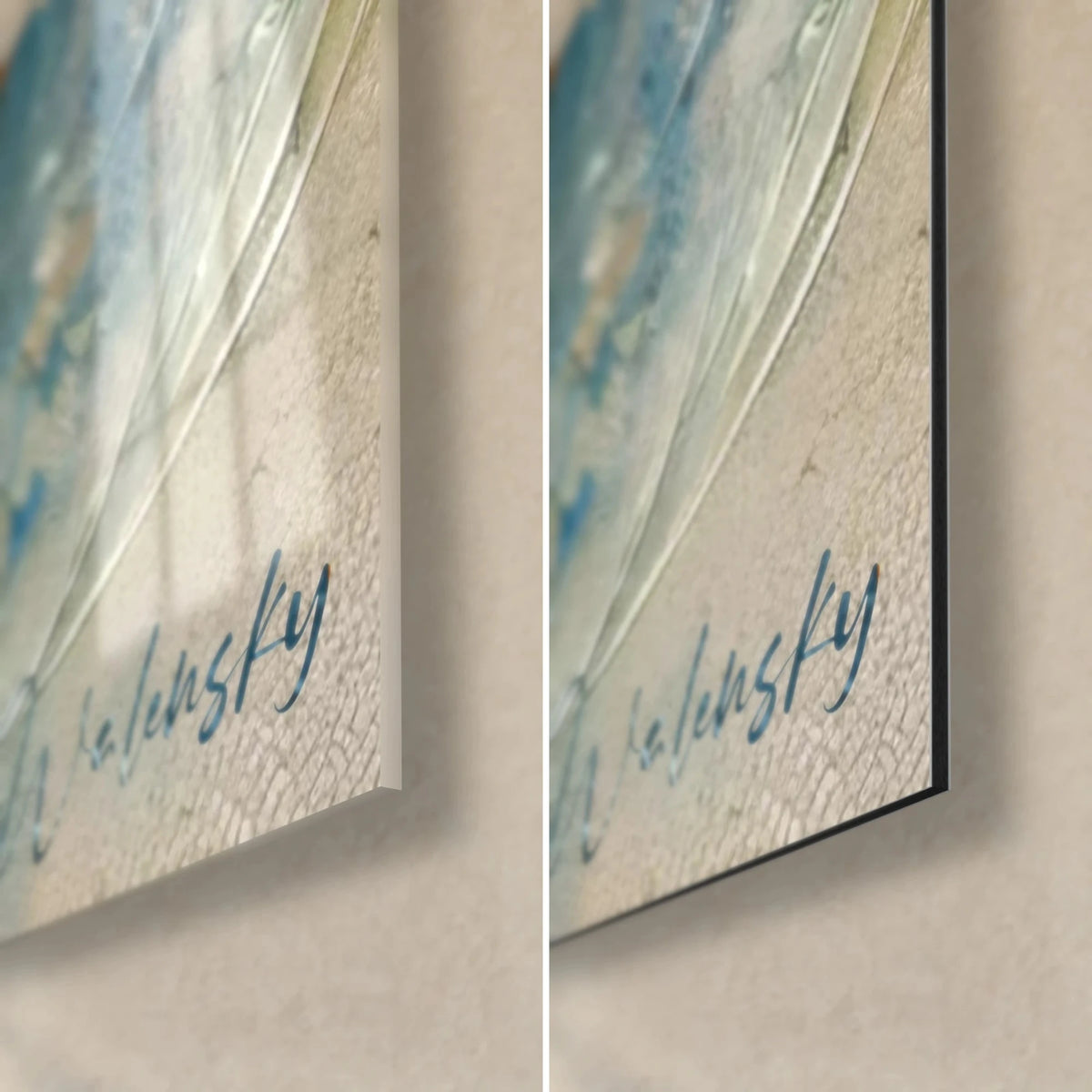 Schilderij gouden zeepaardje, rechtsonder blauwe Walensky-signatuur, glanzend acrylglas links, mat Dibond rechts