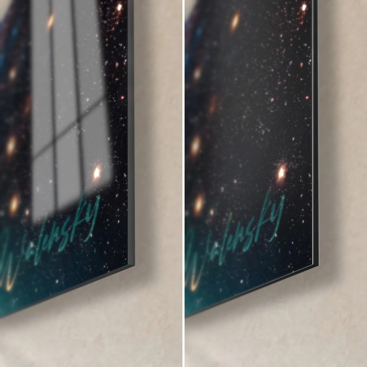 Wall art starry cosmos with reflections on the glossy glass, bottom right corner, 3 mm edge and matte black and blue Dibond aluminium