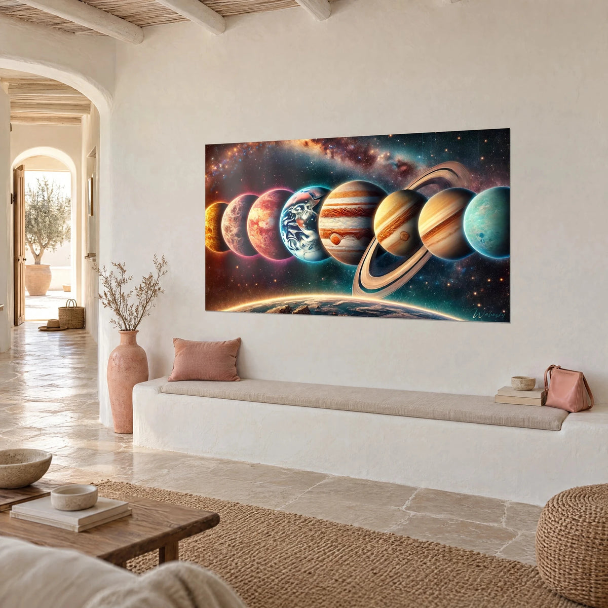 Wall art solar system in a row, beige Saturn rings and red and turquoise globes, three-quarter view, Mediterranean home