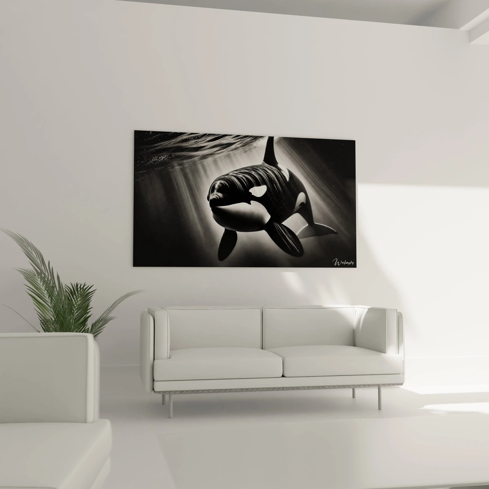 tableau orque dans un salon contemporain au-dessus d un canapé le jeu de lumière et d ombre sublime l harmonie des nuances océaniques
