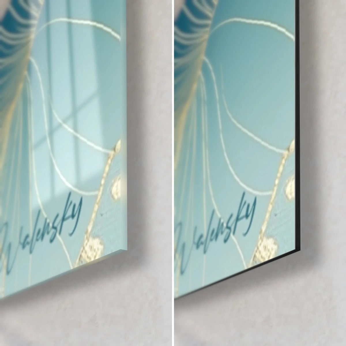 Gemälde weiße Lotusblüte, Walensky-Signatur in Nachtblau auf Türkis mit goldenen Linien, 3 mm Kante, glänzendes Glas und mattes Dibond