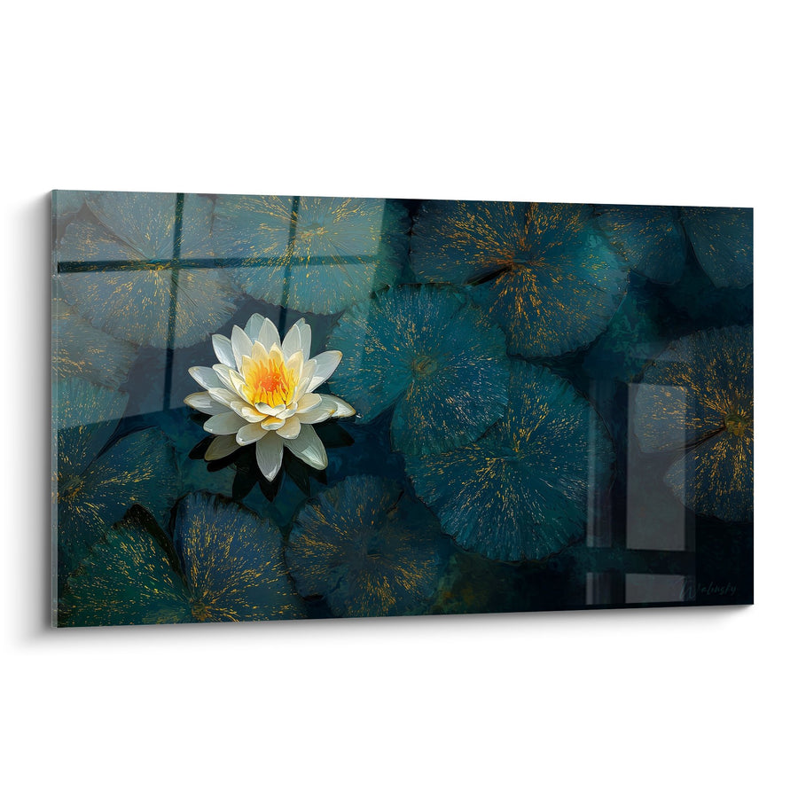 Schilderij Witte lotusbloem op goud-groenblauwe bladeren - Aquatische Sereniteit - Waterlelie Editie